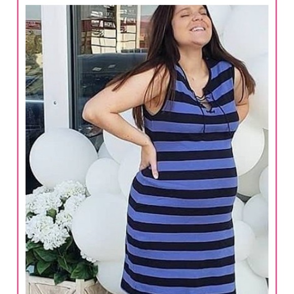 C & B Sport Sleeveless Casual Ribbed Knit Stripe Shift Dress Blue Size Large NWT - Picture 6 of 10